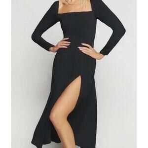 Reformation 12 Sigmund Dress Black Front Slit Smocked Long Sleeve Wedding Guest